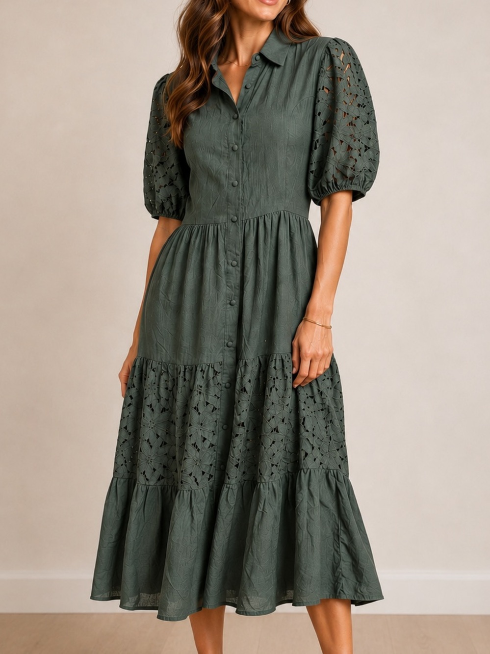 Böhme Forest Green Eyelet Lace Puff Sleeve Tiered Midi Dress Size L